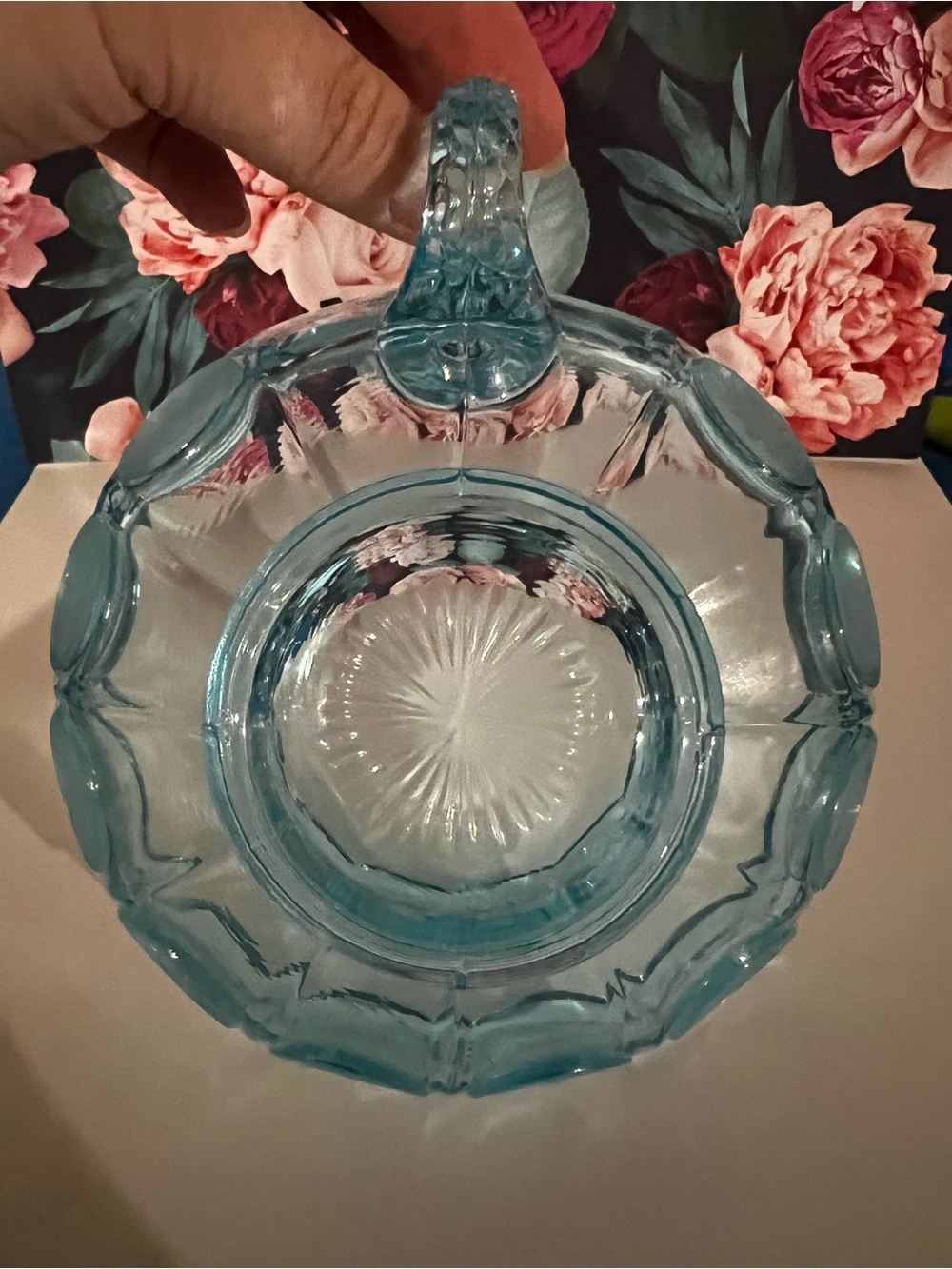 Vintage Fostoria Old Blue Coin Glass Handled Nappy Dish - Picture 6 of 9